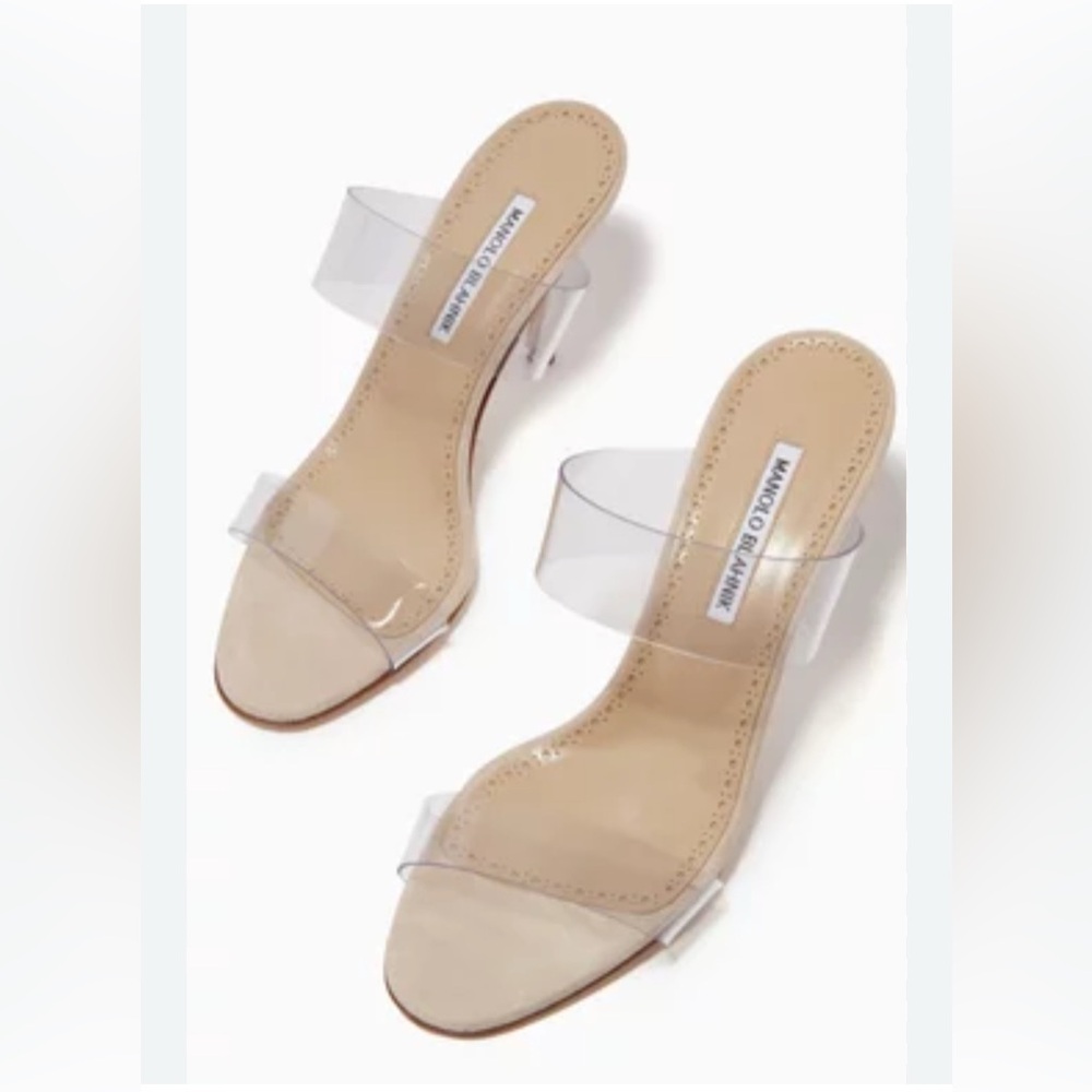 Manolo Blahnik Tan Stiletto Heels with Clear Straps